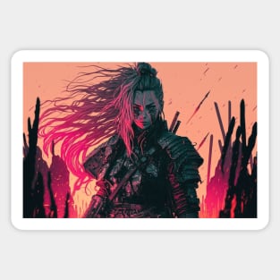 80s Cyberpunk Female Samurai On A Battlefield Sticker